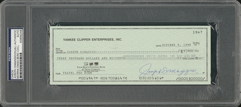 1998 Joe DiMaggio Twice Signed Company Check Dated 10/9/1998 (PSA/DNA)